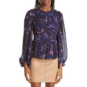 Ted Baker Blue Purple Floral Stephanie Keyhole Detail Blouse Women's Large